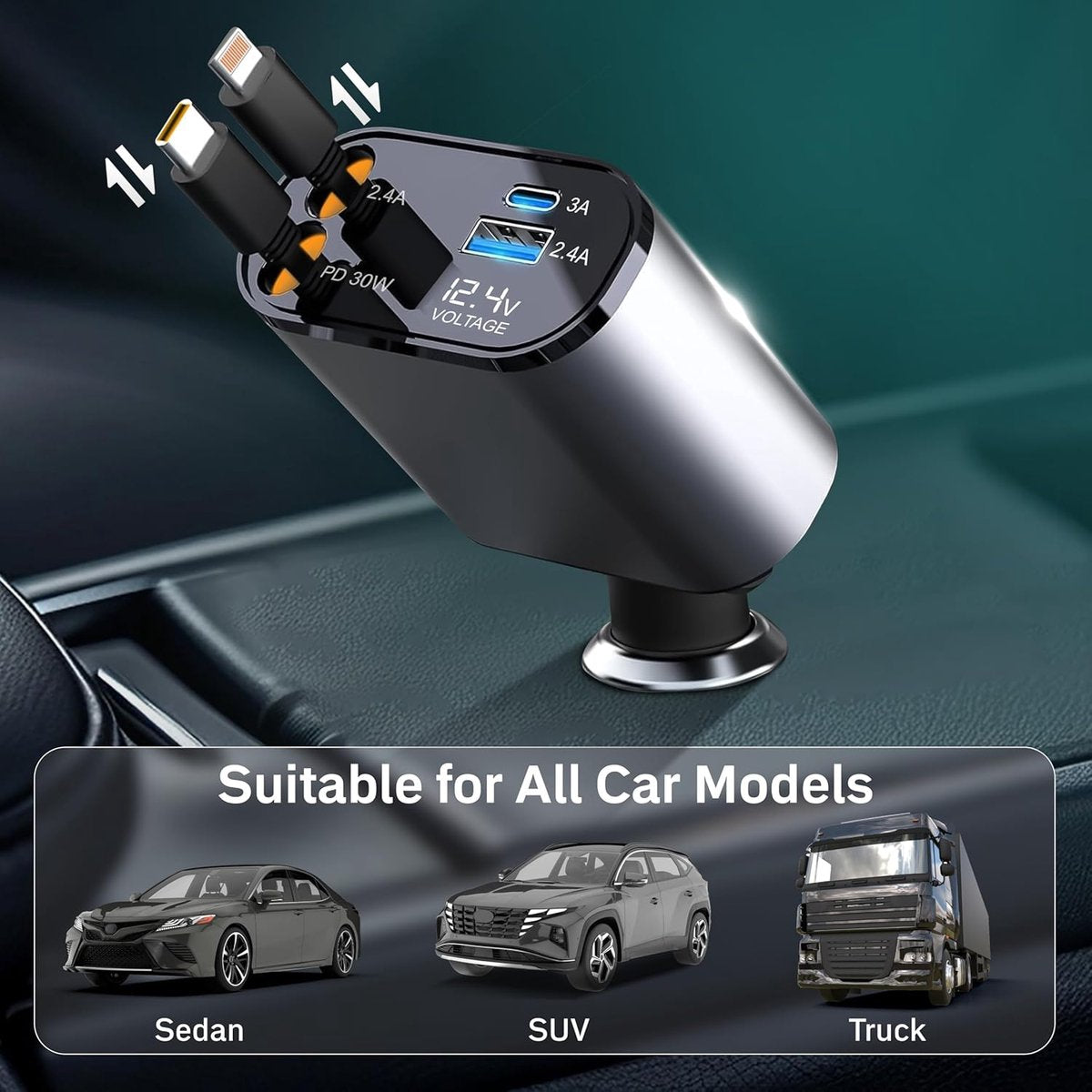 ChargeFlex Pro™ | 4-in-1 Intrekbare Autolader