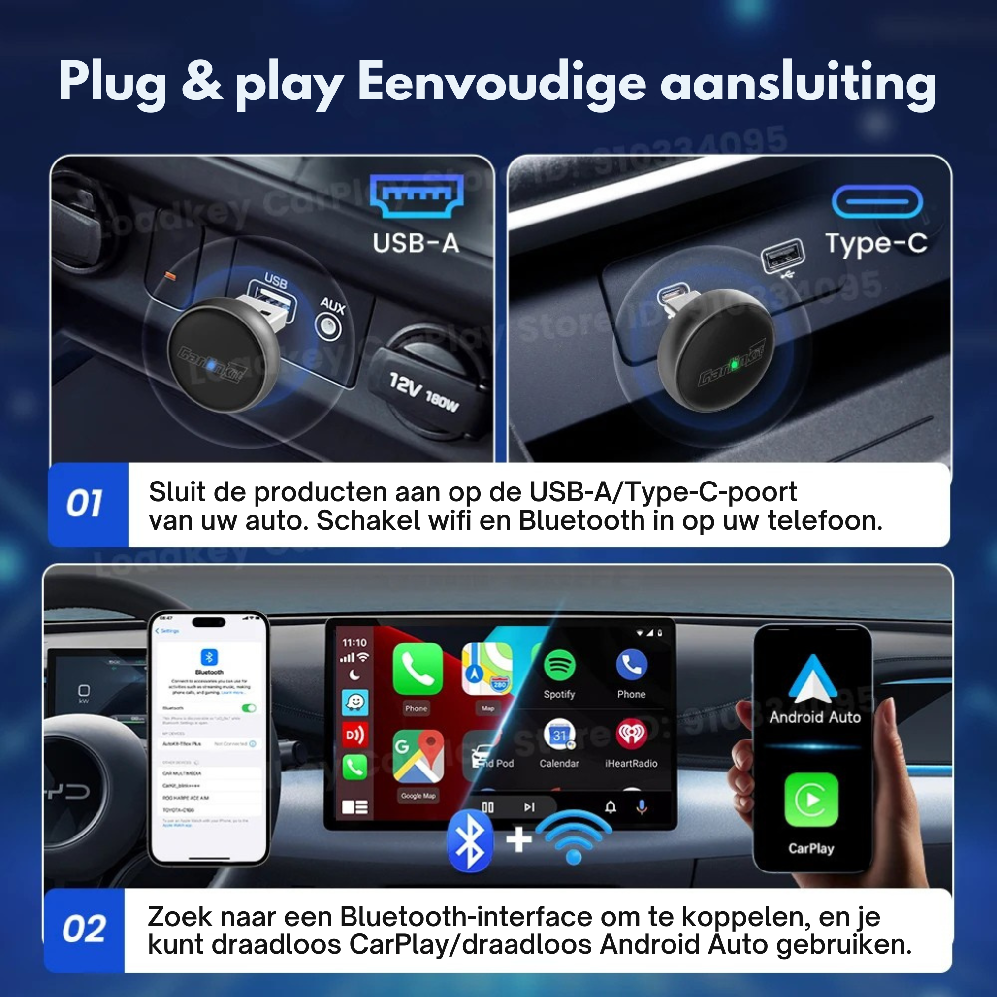 Draadloze USB Apple Carplay & Android Auto