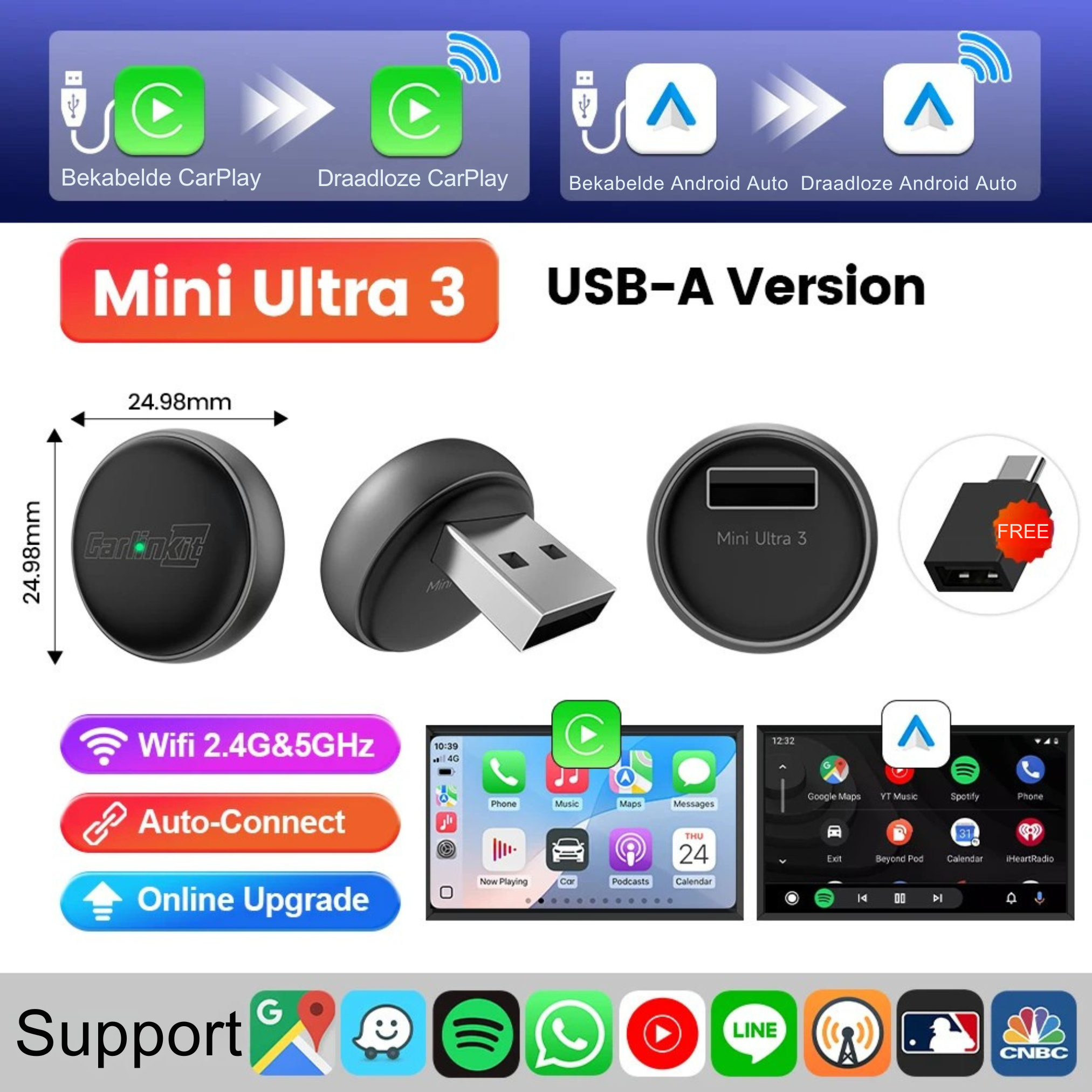 Draadloze USB Apple Carplay & Android Auto